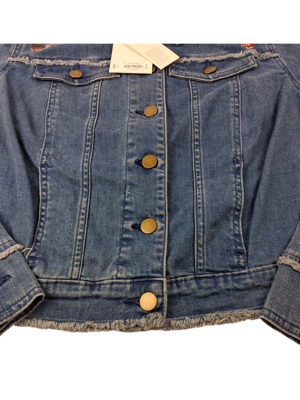 NWT Lauren Conrad Womens Size S Denim Jacket w/ Fraying & Embroidered Roses Bees - Picture 4 of 16